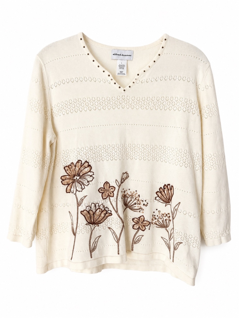 Alfred Dunner Embellished Floral Sweater Brown Ivory Cotton Blend 3/4 Sleeve L